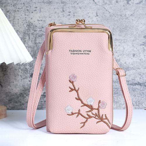New mobile phone bag for women with embroidery multifunctional zipper buckle mini messenger bag and wallet
