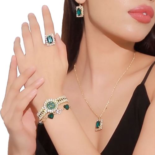 Gift Box Luxury Fashion Dionmad Watch and Jewelry Set Green Watch Set for Women Gift Party Jewelry