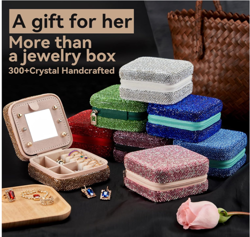 Handmade Diamond Bling Jewelry Storage Organizer Glitter Crystal PU Leather Jewelry Box with Custom Logo Gift Packaging