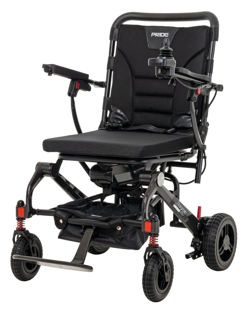 New Pride Mobility Jazzy Carbon Folding Lightweight Portable Power Chair | Weighs 39 lbs! lightweight mobility scooter USA