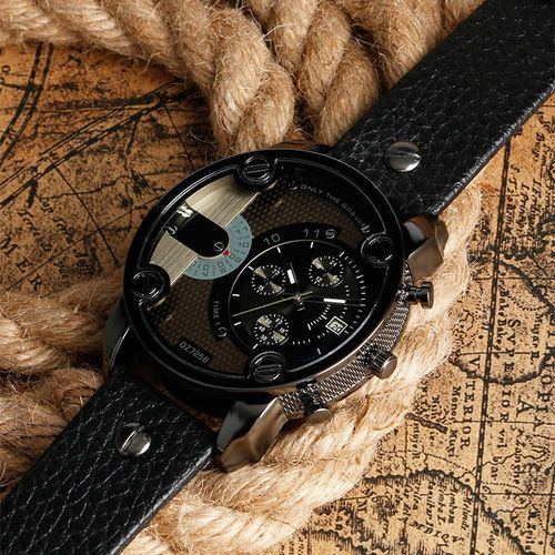 High Quality Luxury Vintage Men's Leather Strap Quartz Watch Asymmetric Dual Dial Hip Hop Waterproof Wristwatch
