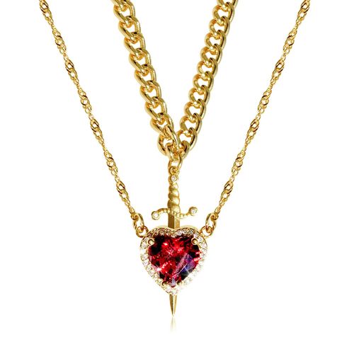 Red Crystal Heart Dagger Pendant Layered Necklace
