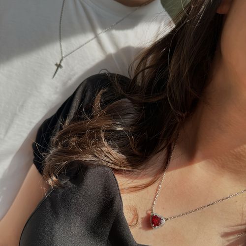 Red Crystal Heart Dagger Pendant Layered Necklace