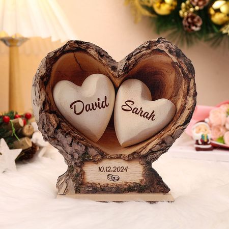 Personalized Wooden Heart-Shaped Trunk Plaque with Stable Base for Couples