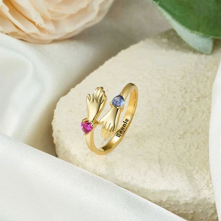 Personalized Heart-Shaped Birthstone Double Hands Embrace Ring – A Perfect Valentine s Day Gift
