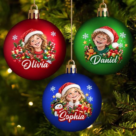 Custom Name Christmas Gifts for Kids - Personalized Photo Full Wrap Ball Ornament - Sparkle All Season Long