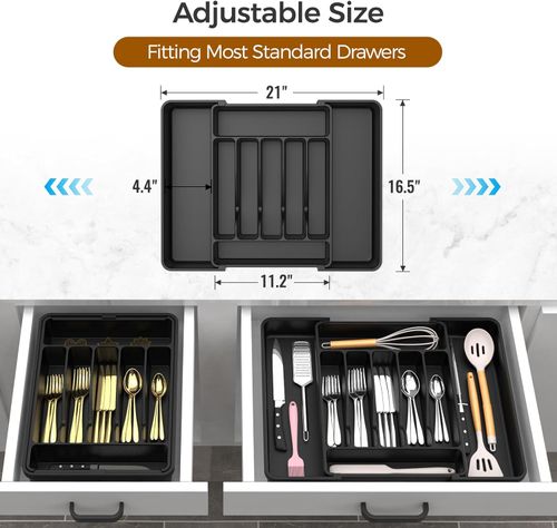 Extra Large Expandable Silverware Organizer,Adjustable Silverware Holder for Spoons Forks Knives, Black