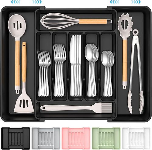 Extra Large Expandable Silverware Organizer,Adjustable Silverware Holder for Spoons Forks Knives, Black