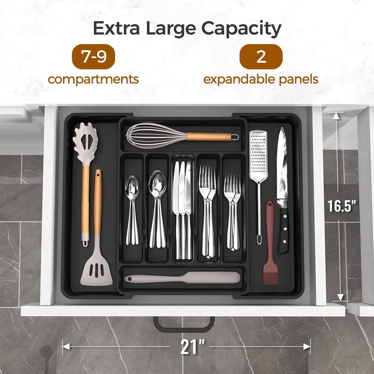 Extra Large Expandable Silverware Organizer,Adjustable Silverware Holder for Spoons Forks Knives, Black