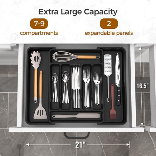Extra Large Expandable Silverware Organizer,Adjustable Silverware Holder for Spoons Forks Knives, Black