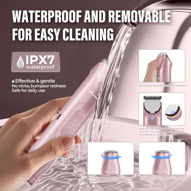 Akunbem Bikini Trimmer for Women, Electric Shaver and Razor Rechargeable 2-in-1 Body and Facial Epilator, Dual Heads for Painless Trimming of Pubic Hair, Face, Underarms and Legs, IPX7 Waterproof.