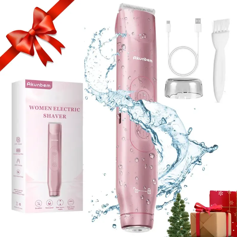Akunbem Bikini Trimmer for Women, Electric Shaver and Razor Rechargeable 2-in-1 Body and Facial Epilator, Dual Heads for Painless Trimming of Pubic Hair, Face, Underarms and Legs, IPX7 Waterproof.