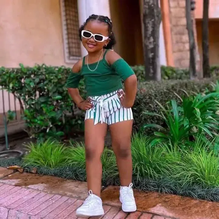 M8090 European and American girls cross-border children's clothing new short-sleeved tops striped shorts pants suit ins