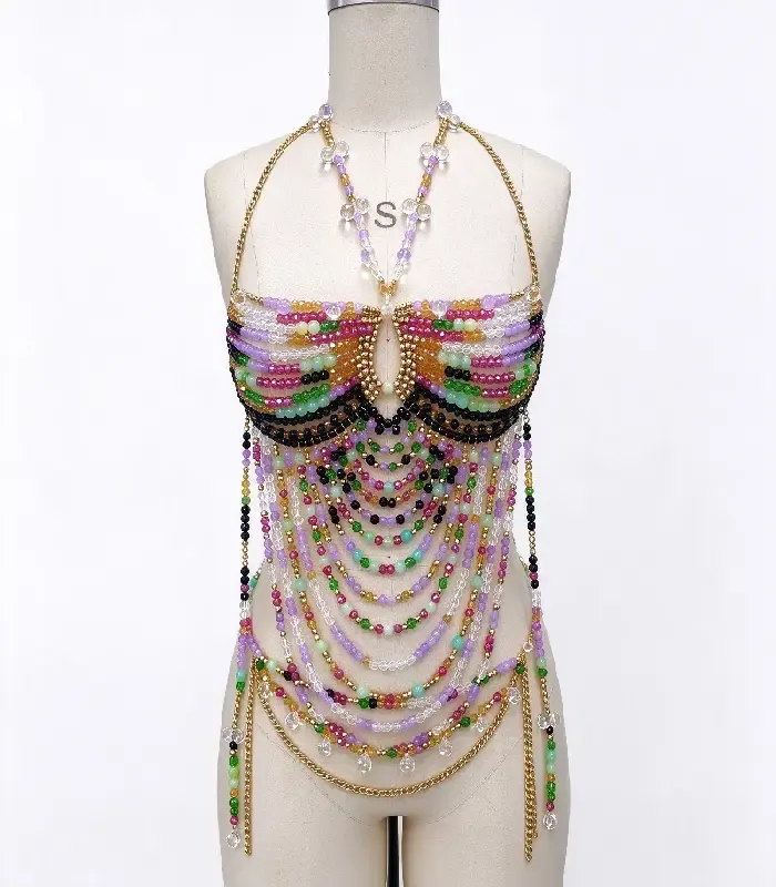 Multi-Layer Crystal Beaded Body Chain, Handmade No Fabric Body Jewelry