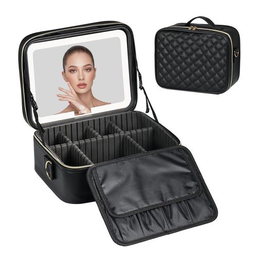 Portable LED Travel Makeup Case with Detachable Lighted Mirror, Large Capacity Hand Cosmetic Bag with Dividers