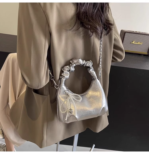 包包女2025新款超火爆款银色手提褶皱饺子包高级感轻奢小众斜挎包