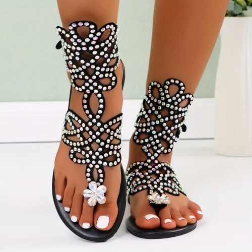 2025 New Women's diamond-encrusted ethnic style ankle-strap flat sandals - Open-top summer beach slippers, with faux leather straps and rubber soles, suitable for casual, party and vacation wea