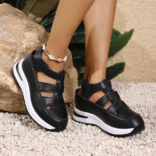 New round closed-toe wedge heel sandals, fashionable pu leather platform women's sandals, breathable and anti-slip slippers