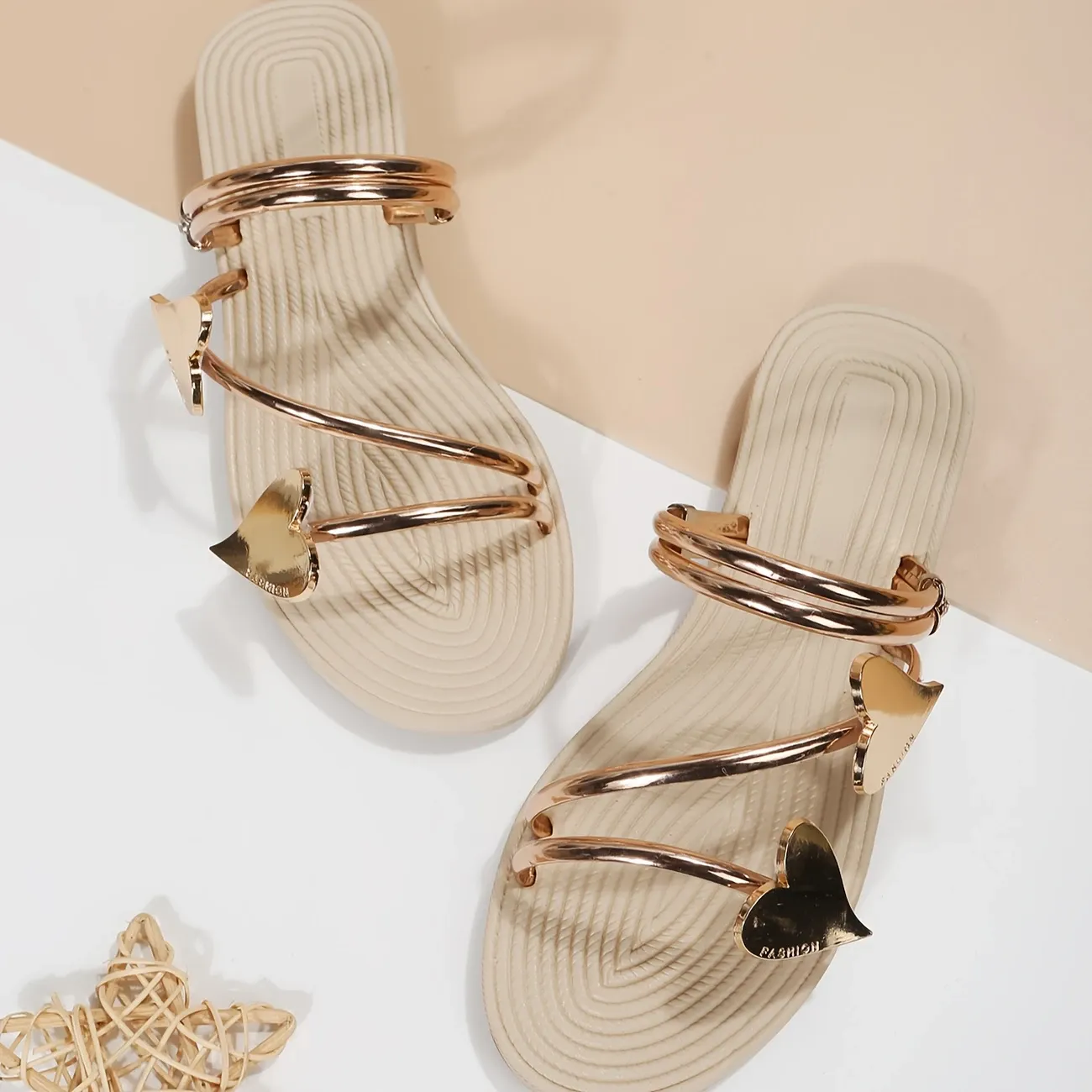 Ladies' Rose gold maple leaf flat sandals - Elegant one-foot summer beach shoes, heart-shaped decoration, breathable PU fabric, anti-slip rubber sole, toe exposure design for outdoor comfort, wear-resistant rubber sole