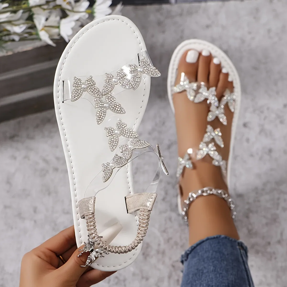 Ladies' rhinestone butterfly-decorated flat sandals, casual square open-toe summer shoes, and light elastic sandals