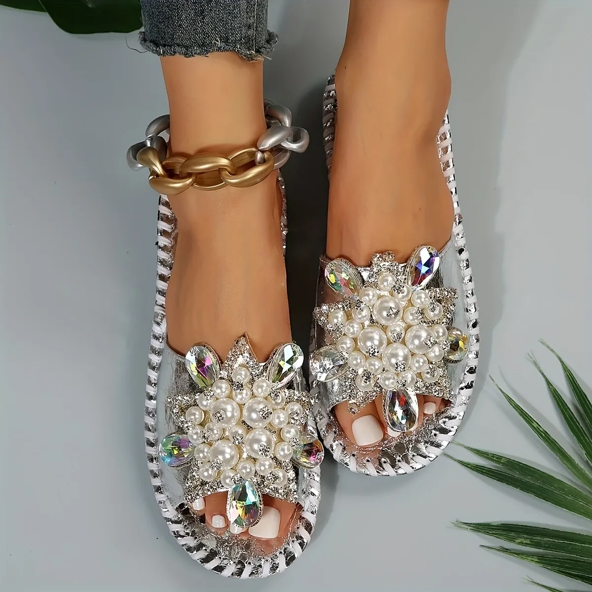 Hand-sewn flower, diamond and pearl slippers