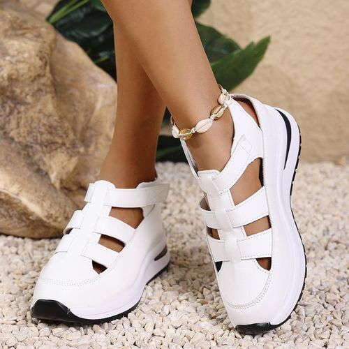 New round closed-toe wedge heel sandals, fashionable pu leather platform women's sandals, breathable and anti-slip slippers