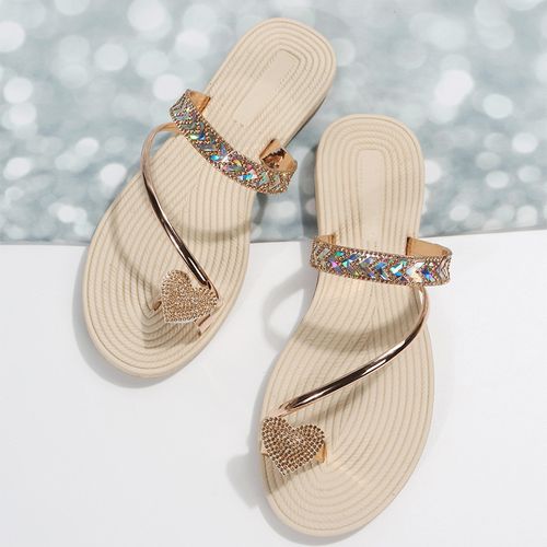 💎2025 New pearlescent rhinestone heart sandals Fairy style flat flip-flops non-slip soft soles beach shoes Summer outerwear slippers