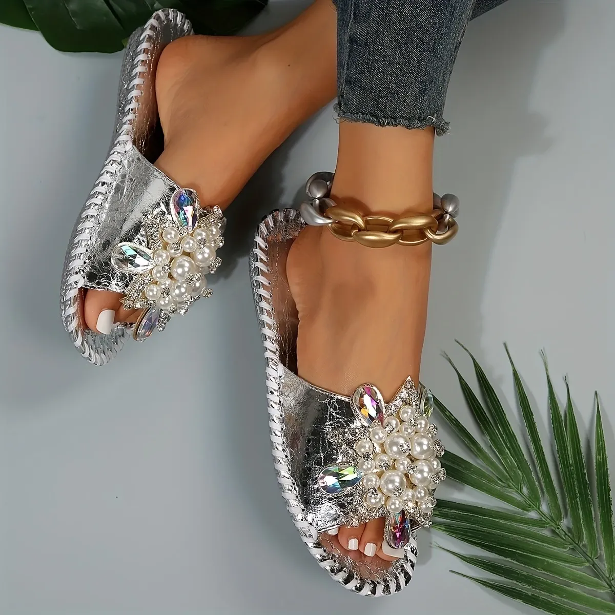 Hand-sewn flower, diamond and pearl slippers