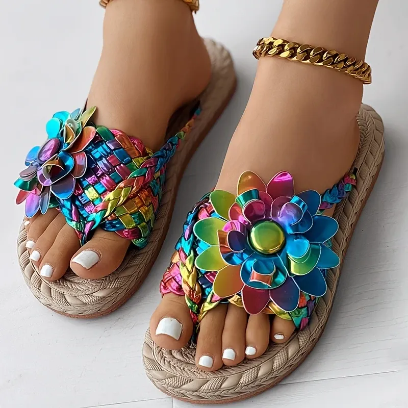 Colorful laser flower flip-flops with flip-flops