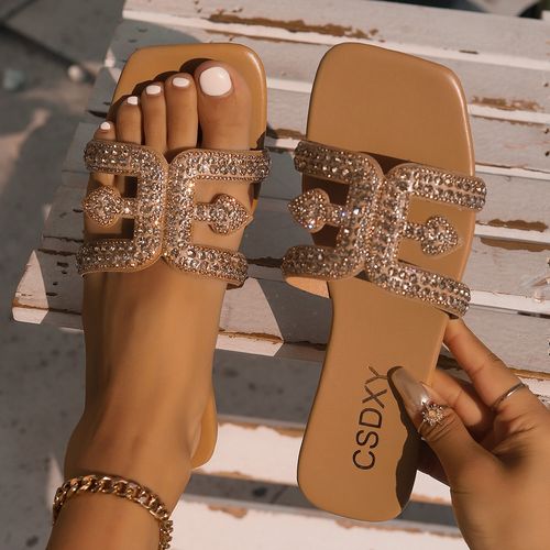 💎Summer 2025 design casual shoes, women's rhinestone flat sandals, square toe crystal, women's flip-flops, and women's sandals
