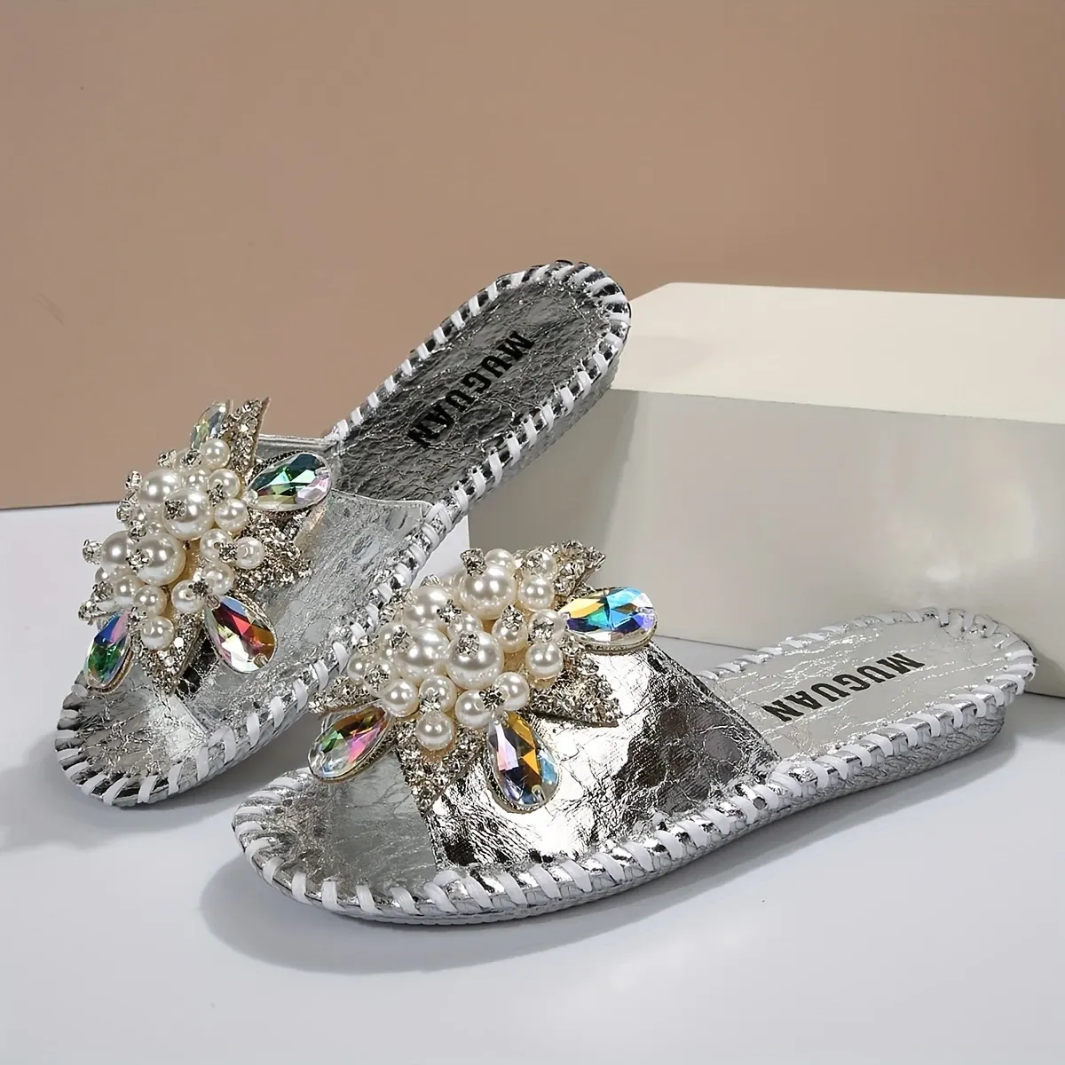 Hand-sewn flower, diamond and pearl slippers