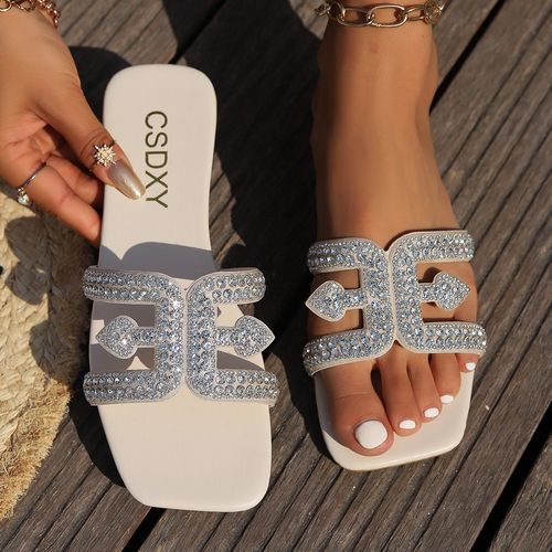 💎Summer 2025 design casual shoes, women's rhinestone flat sandals, square toe crystal, women's flip-flops, and women's sandals