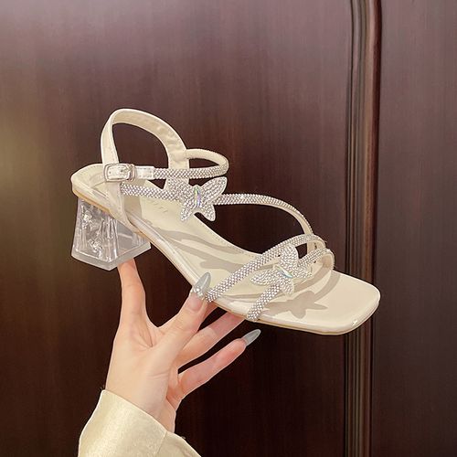 The 2025 new French style elegant high heels, crystal sandals, bow water diamond decorated coat, flat bottom