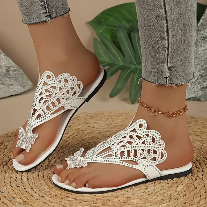 Elegant women's water diamond butterfly flat sandals - Fashionable toe clip-on design with hollowed-out patterns, black artificial cover sliding sleeve paired with rubber sole, suitable for fashionable summer wear