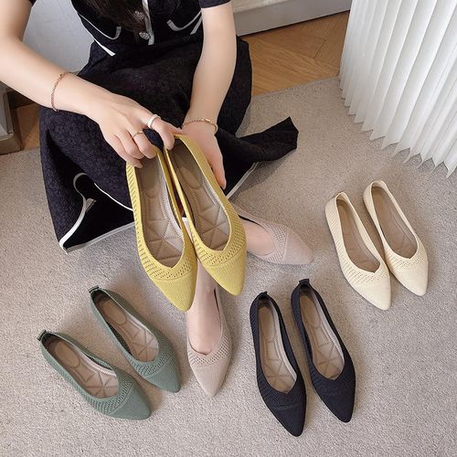 Pointed-toe knitted ballet shoes for women, Mokashin soft-soled casual shoes, comfortable, anti-slip, shallow toe single shoes