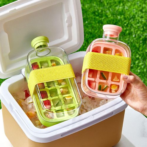 2-in-1 ice cube bottle, touchless ice cube tray, water bottle with straw, juice ice cube tray