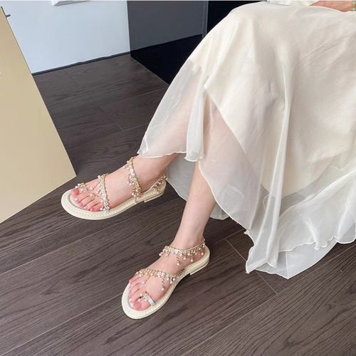 French sandals for women 2025 new style, pearl toe set, Roman shoes for women, Summer fairy style with skirt, flat shoes