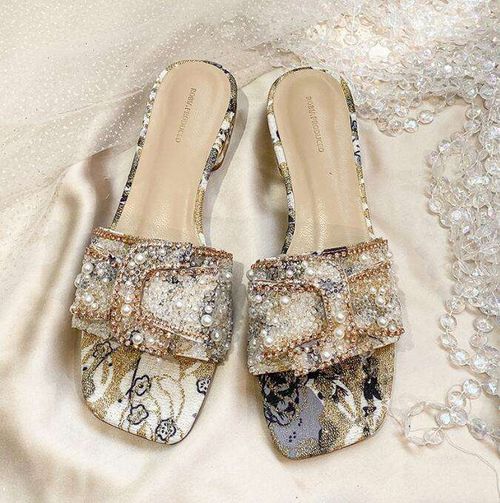 🔥2025✨ New summer thick-heeled sandals, women's fashionable flat-bottomed women's rhinestone slippers