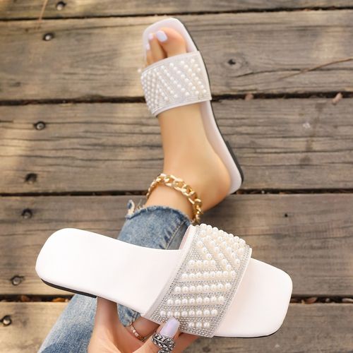 👡 Women 's pearl Rhinestone sandals 2025 new square toe flat slippers large size anti-slip beach shoes OUTDOOR CASUAL OUTSIDE cool slippers