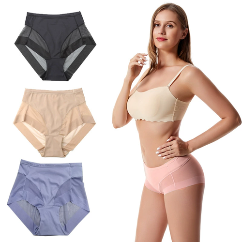 Mid-waist women's transparent mesh briefs, waist and abdomen comfortable ice silk women's underwear large size, buy 1 get 3 free