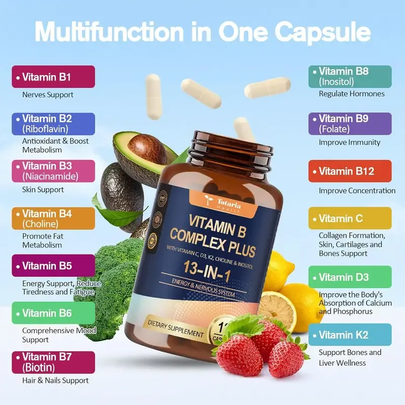 Totaria 13-in-1 Vitamin B Complex Plus with Vitamin B1, B2, B3 (Niacinamide), B4, B5, B6, B7 (Biotin), B8 (Inositol), B9 (Folate), B12, C, D3, K2 - Energy, Nerve, Immune, Skin Support - 120 Vegan Capsules Healthcare Supplement