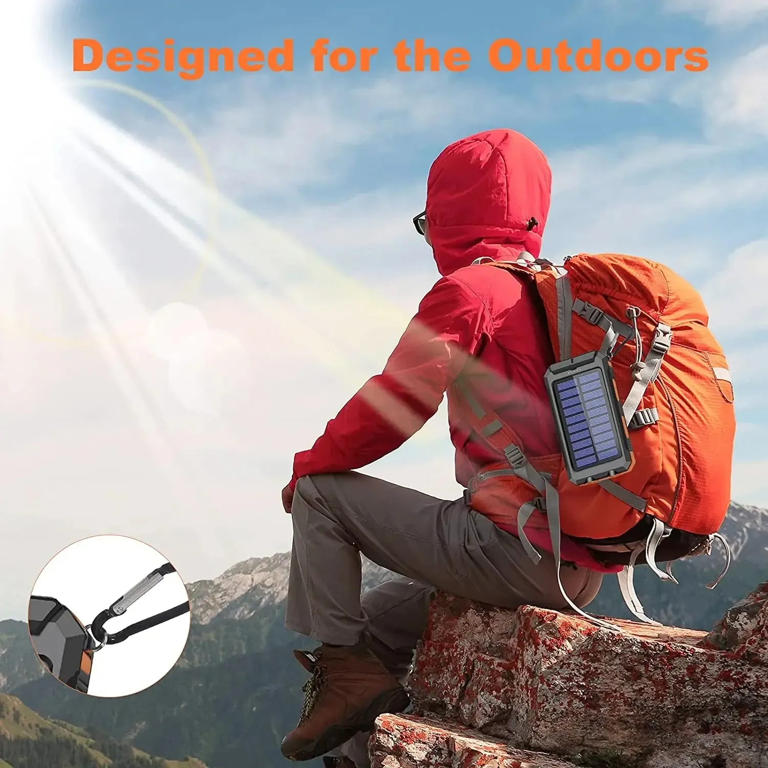 2026Portable Solar Charger Power Bank with LED Flashlight - Dual USB-A Output, Waterproof Outdoor Design with Compass & Carabiner for Phone