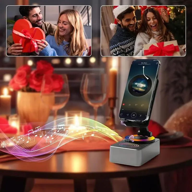 Acessório multifuncional para telemóvel com áudio Bluetooth e Bluetooth, com bateria de 1500 mAh, design dobrável a 360°, altifalantes estéreo HD, base antiderrapante e fácil utilização – Ideal para casa, viagens, aniversários, Dia do Pai e presentes de Natal
