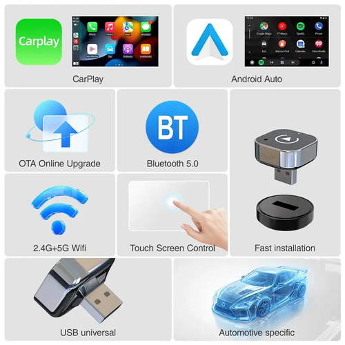 Wireless Car Adapter, Portable Wireless Adapter, Car Smart BT Connector for iPhone & Android Phone, Car Electronics Accessories, Carplay Converter