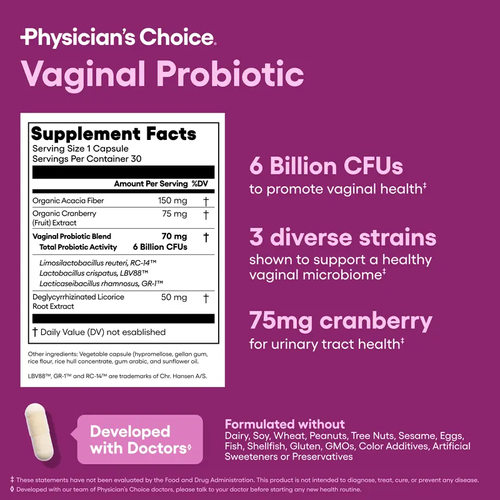 Physician's Choice Vaginal Probiotic - Odor Control, pH Balance & Daily Feminine Health Support with Cranberry and Prebiotics for Women