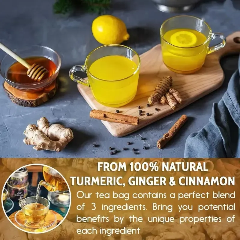 3-in-1 Spiced Herbal Tea Bags with Turmeric, Ginger, and Cinnamon – made from natural pure powders – soothe digestive upset, support joint and muscle health, help improve dull skin, suitable for vegetarians, mild and mellow flavor, suitable for all ages – 60 bags.
