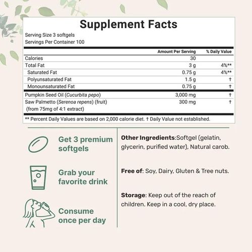 PYY Natural Pumpkin Seed Oil & Saw Palmetto Softgels 3000mg High Content Plant Esters 300 Capsules Supplement for Hair and Prostate Support Cold Pressed Non-GMO Healthcare Formula