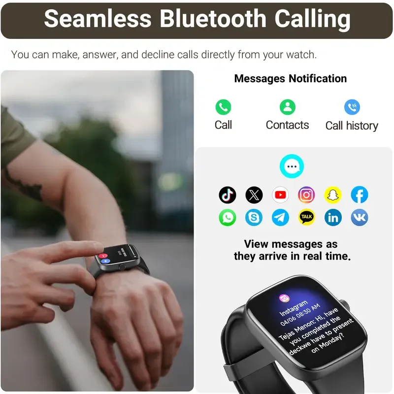Trendy smartwatch: Supports Bluetooth calling and features an ultra-high-definition screen. It boasts a dynamic watch face design, message push functionality, supports over 100 sports modes, and can monitor health status. Excellent battery life and touchscreen operation are included. Its black exterior exudes a sense of prestige.
