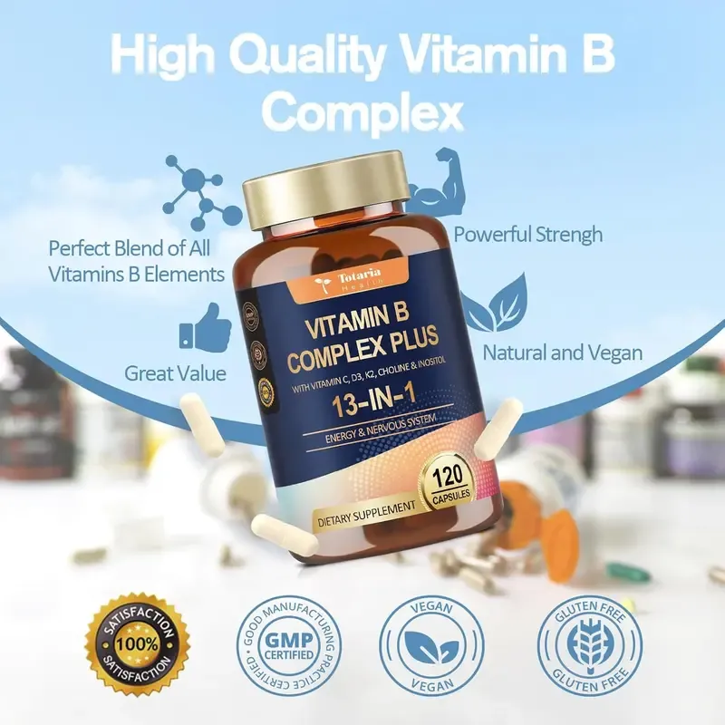 Totaria 13-in-1 Vitamin B Complex Plus with Vitamin B1, B2, B3 (Niacinamide), B4, B5, B6, B7 (Biotin), B8 (Inositol), B9 (Folate), B12, C, D3, K2 - Energy, Nerve, Immune, Skin Support - 120 Vegan Capsules Healthcare Supplement
