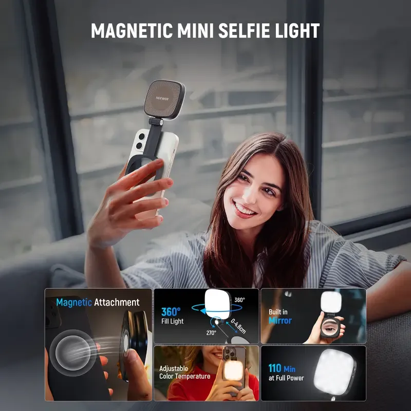 Magnetic Selfie Light for MagSafe iPhone-Android – Foldable LED Ring Light with Mirror  Stand, Portable Rechargeable Indoor Outdoor Lighting for Makeup Selfie Photography Video Recording